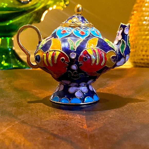 Vintage Other - 2.5" cloisonné teapot w/ removable lid (functional) enamel and copper